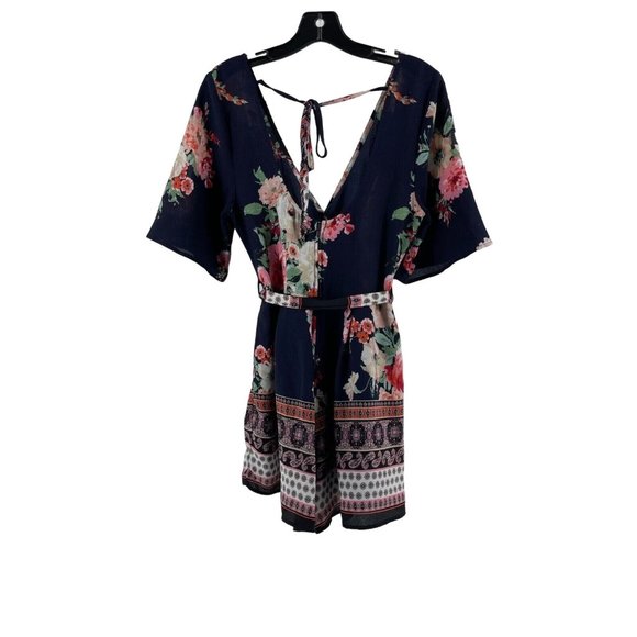 Women's Navy Blue Shorts Romper Paisley Roses Floral Lined w/ Belt Size Medium - Picture 3 of 9